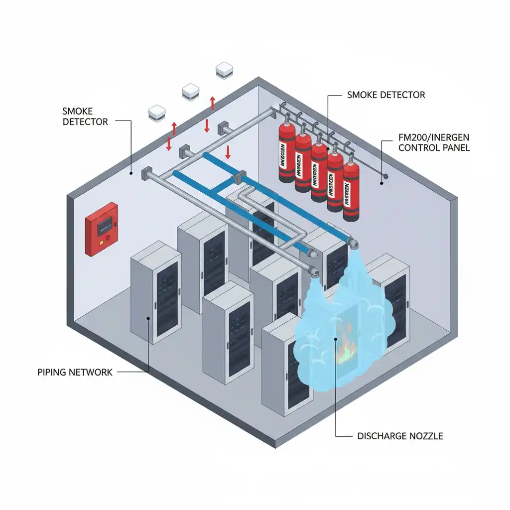 Diagram sistem pemadam kebakaran Inert Gas dengan nozzle distribusi