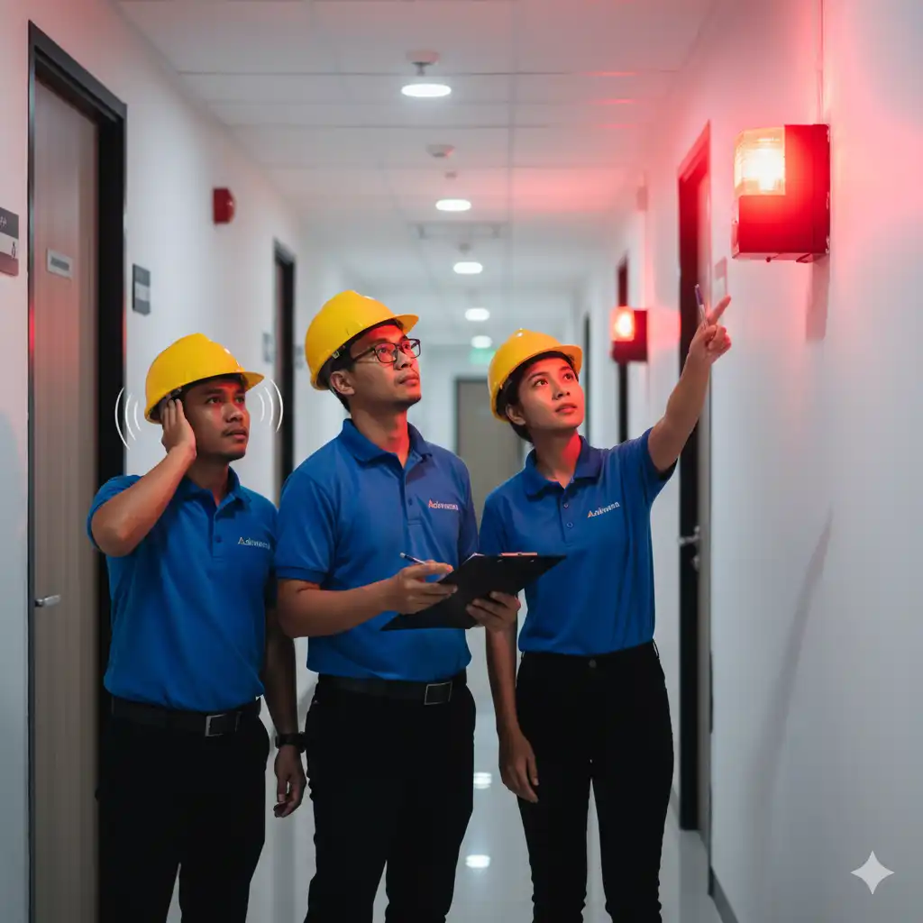 Pengujian dan commissioning sistem fire alarm installation oleh tim Adiwarna